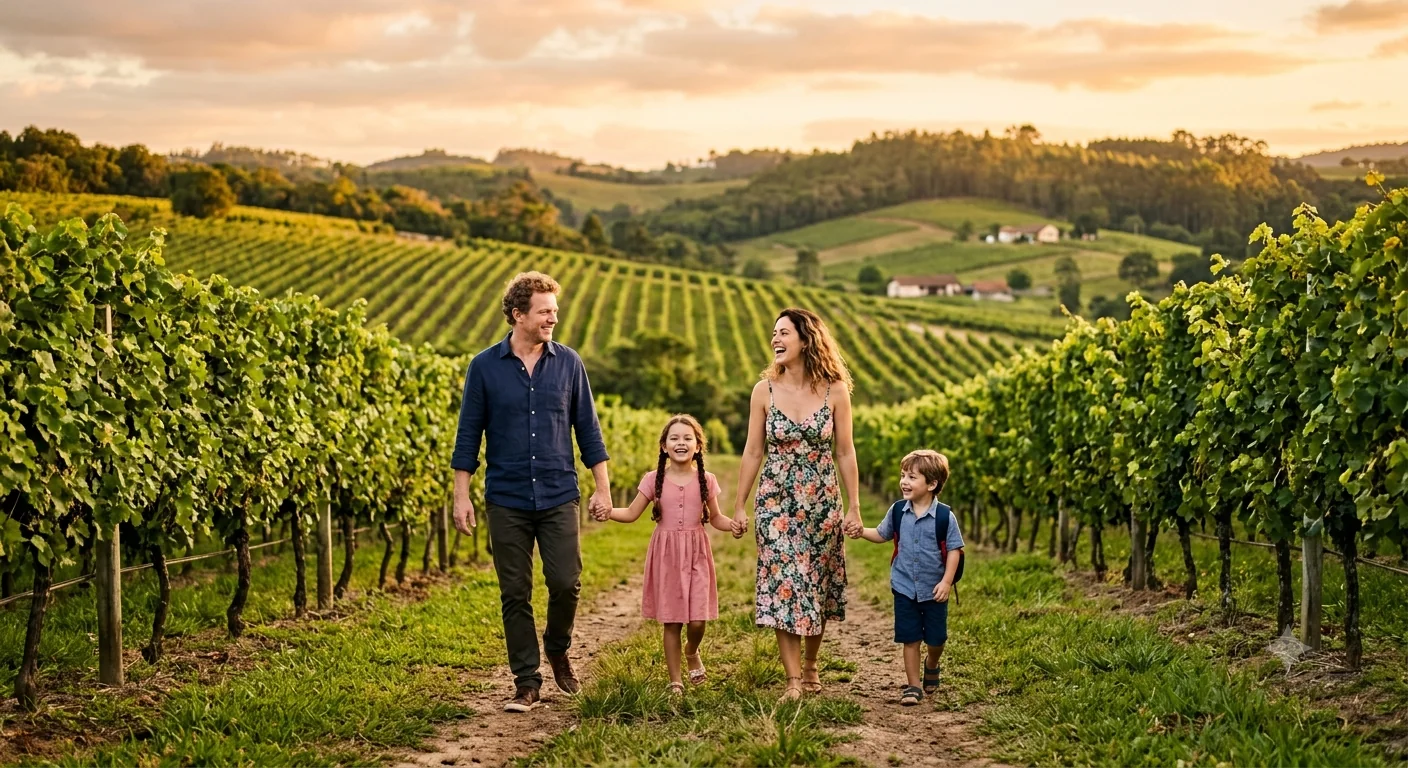 Família com duas crianças caminhando de mãos dadas por um vinhedo no Vale dos Vinhedos, em Bento Gonçalves, ao entardecer