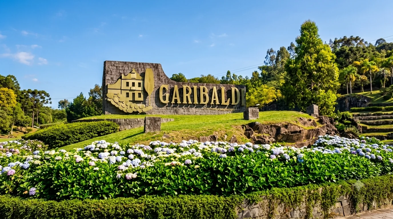 Pórtico de boas-vindas de Garibaldi, com taça de espumante e casarão, entre hortênsias