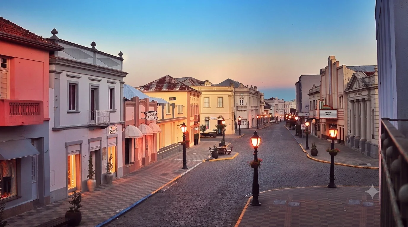 Centro histórico de Garibaldi, casarões da colonização italiana na Rua Buarque de Macedo ao entardecer