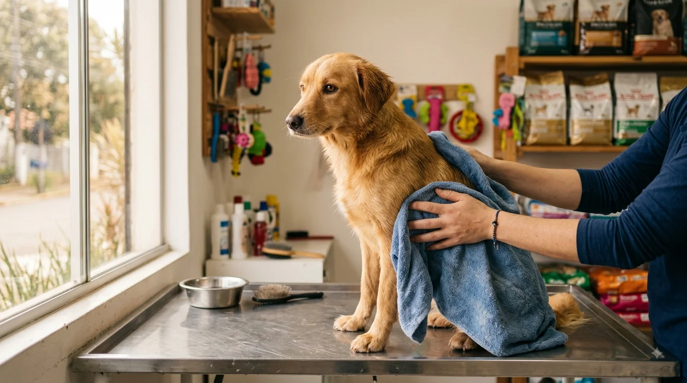 Cão caramelo sendo secado com toalha na bancada de um pet shop