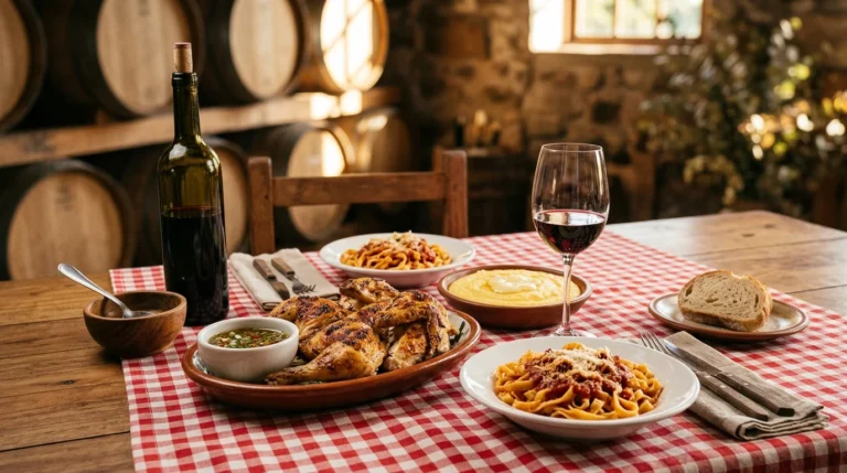 Mesa de cantina italiana na Serra Gaúcha com galeto ao molho campanha, massas caseiras, polenta e vinho tinto